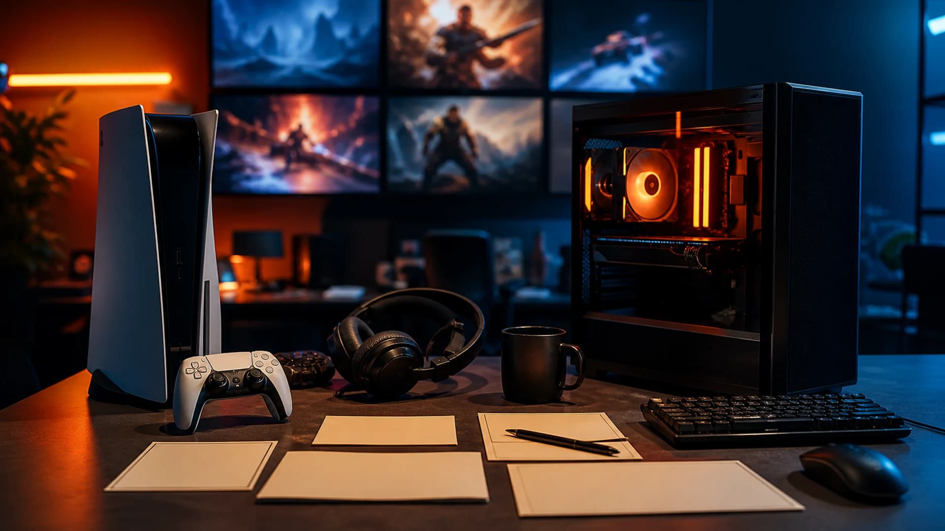 Mesa de reda??o gamer com console atual, PC e pautas visuais representa as principais not?cias reunidas no resumo semanal do Orange Brick