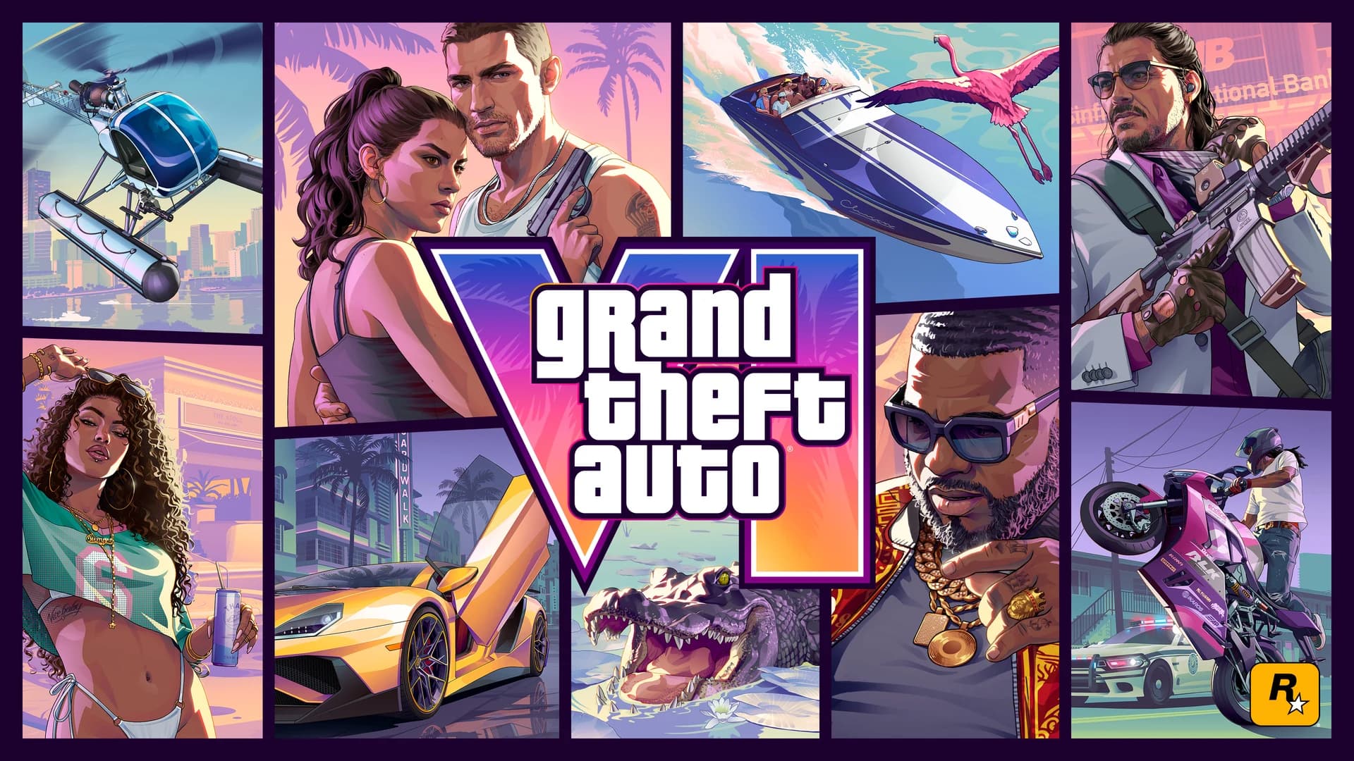 Capa oficial de Grand Theft Auto VI com os protagonistas Jason e Lucia em primeiro plano e cenas de Vice City ao redor
