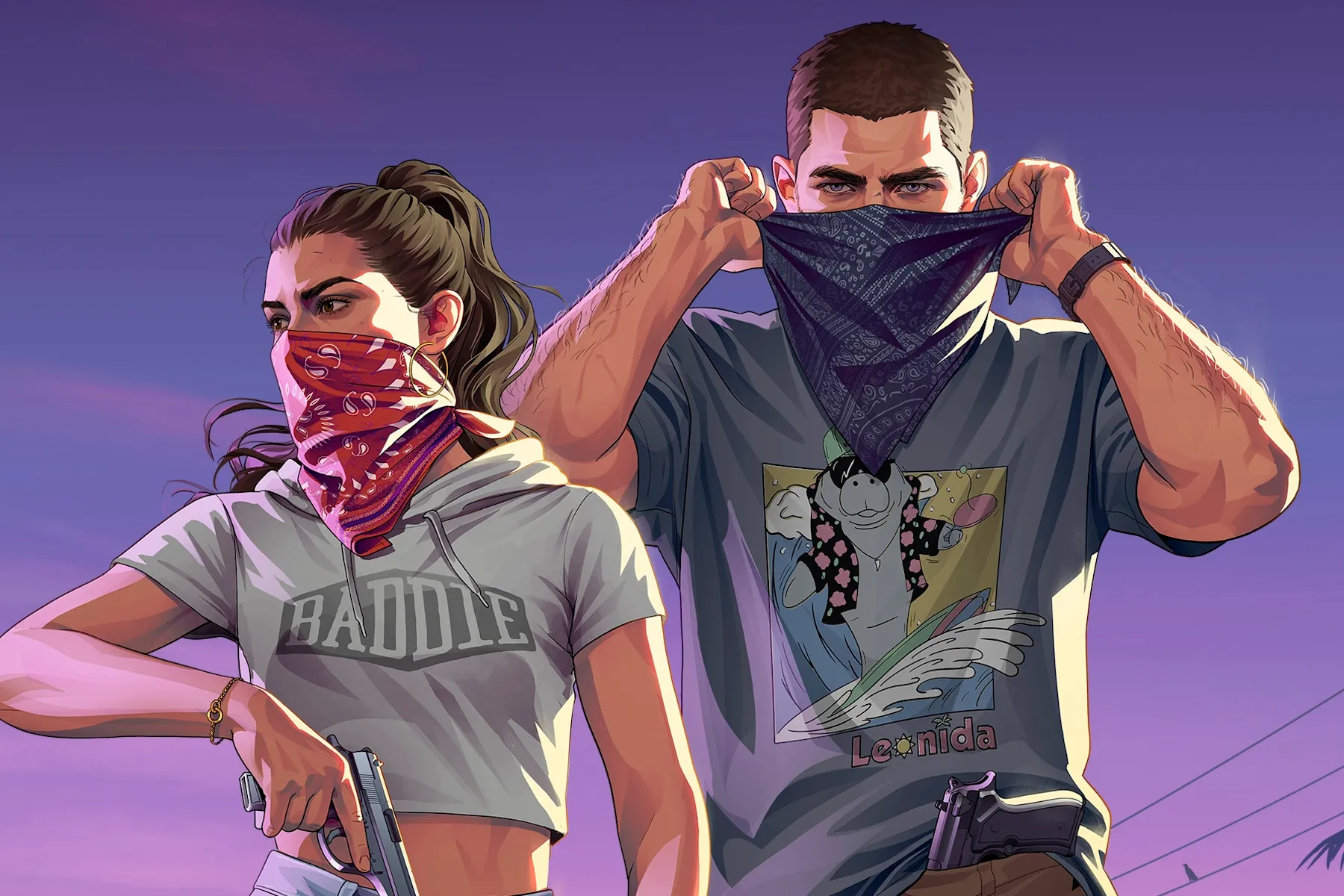 Arte oficial de Jason e Lucia em frente a um posto de gasolina, peça promocional que acompanhou o anúncio de Grand Theft Auto VI: An Extended Look na Netflix