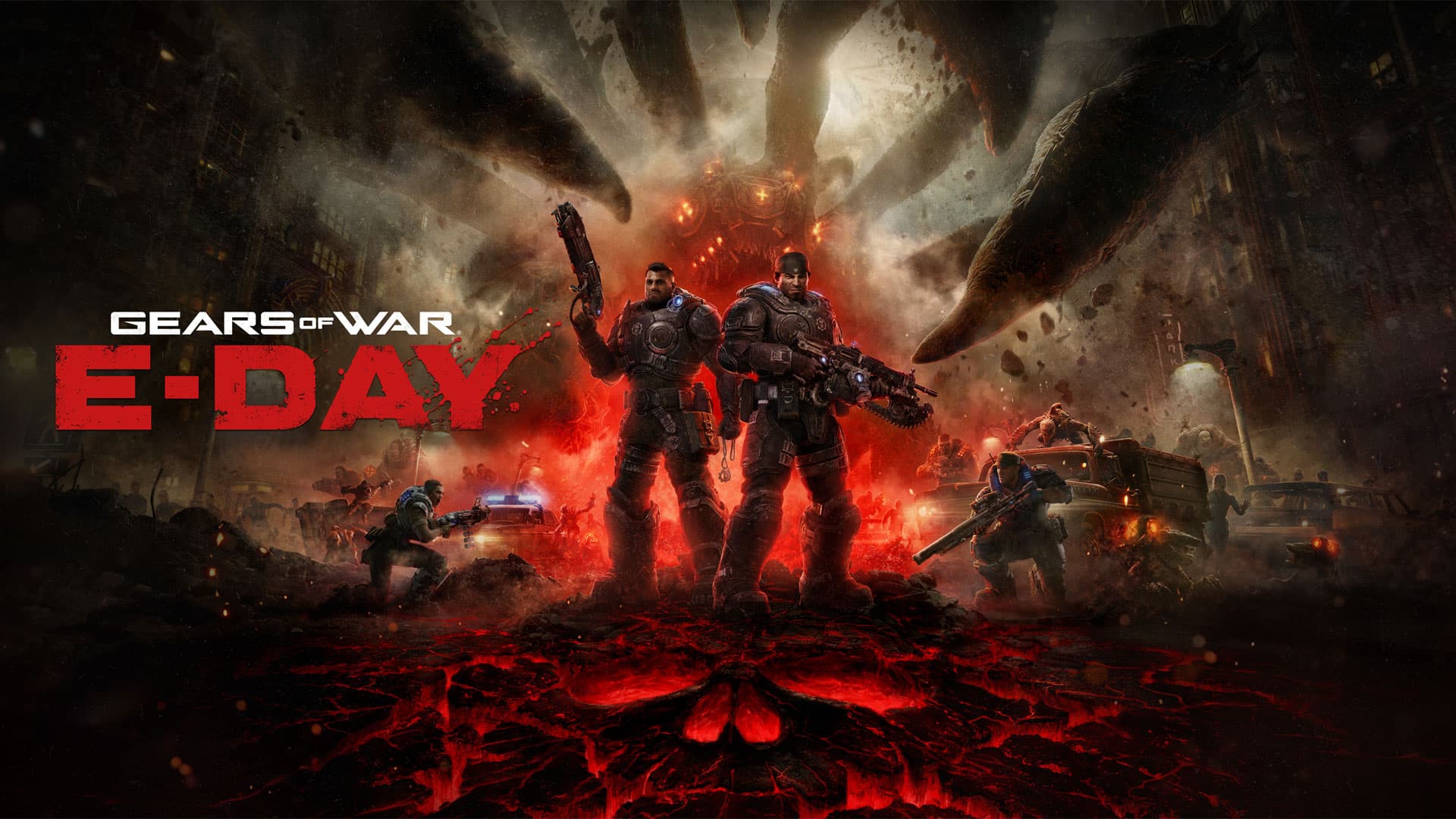 Arte oficial de Gears of War: E-Day com Marcus Fenix e Dominic Santiago em um campo de batalha devastado